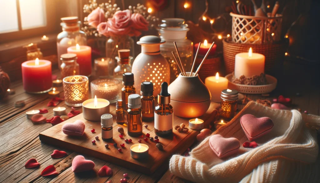 A cozy and romantic DIY aromatherapy setting for Valentine's Day, featuring homemade blends of essential oils