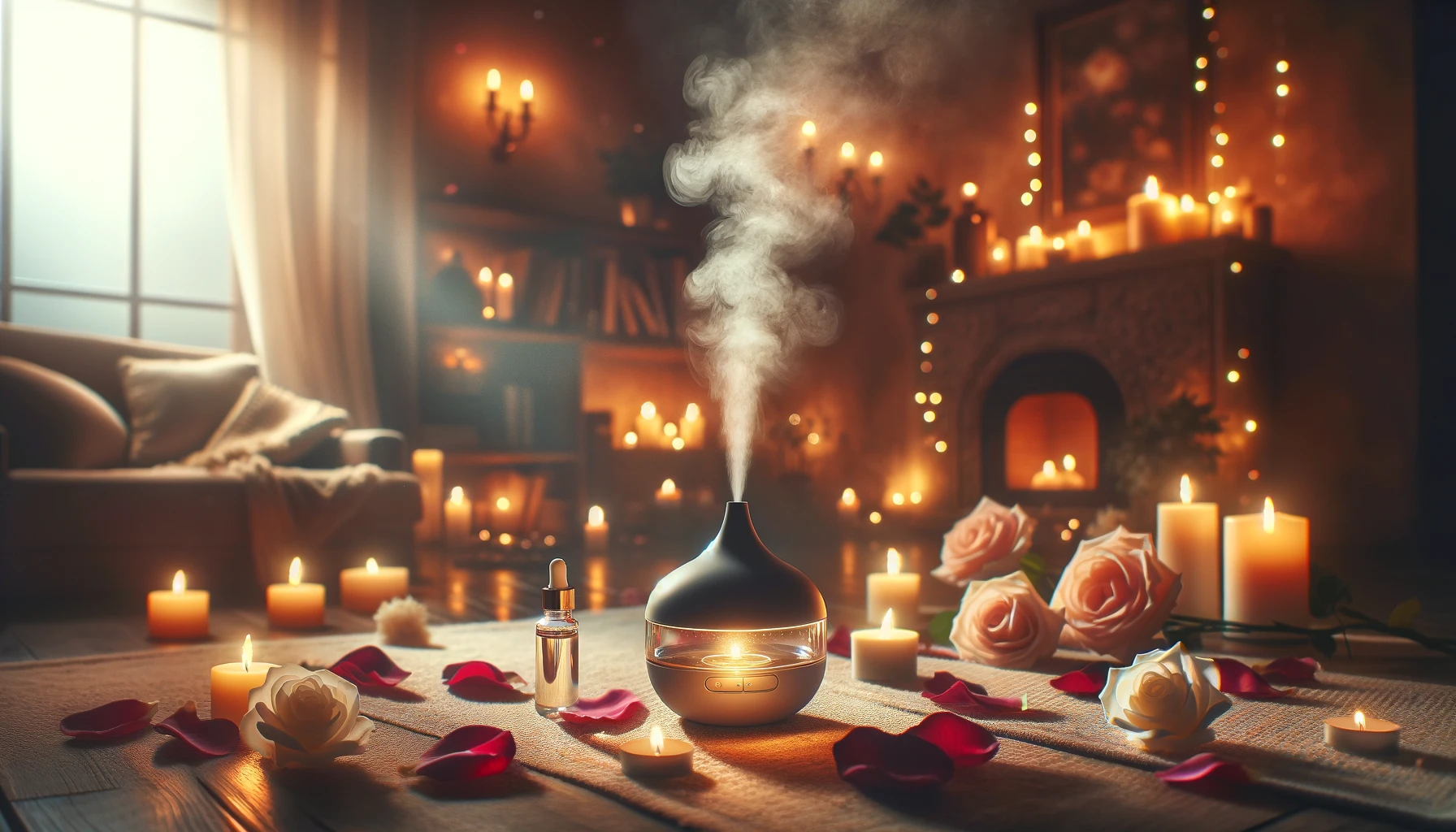 A romantic, tranquil setting with a focus on aromatherapy for Valentine's Day. The image features a softly lit room with flickering candles