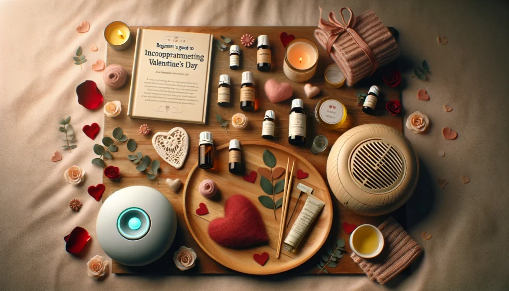 An image depicting a beginner's guide to incorporating aromatherapy into Valentine's Day. The image should be inviting and informative
