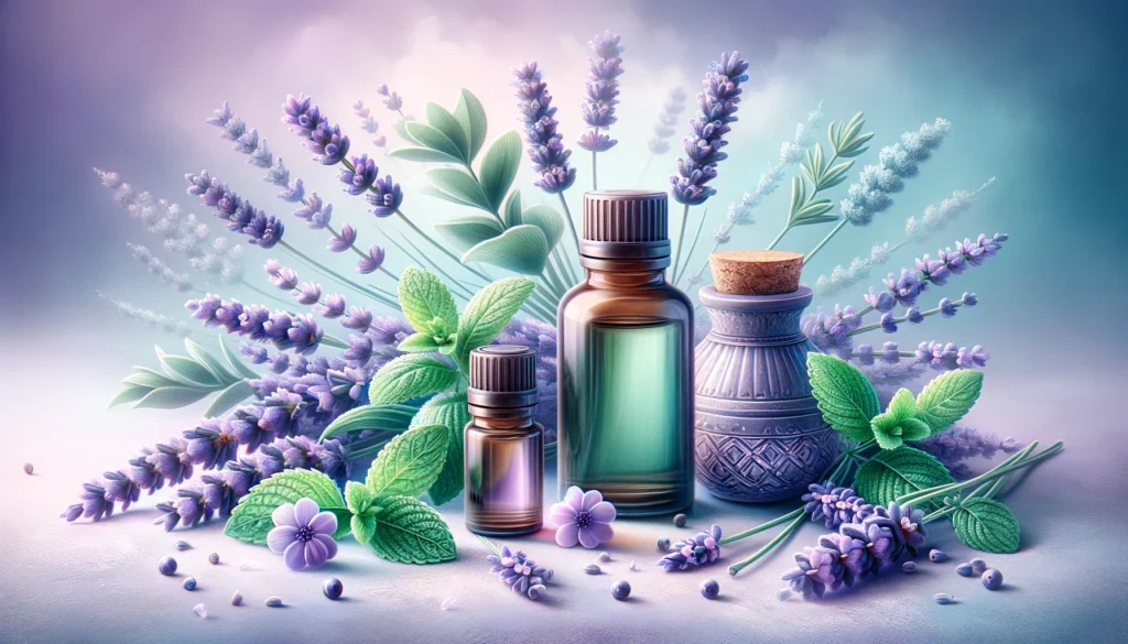 An image depicting the calming and romantic effects of lavender and peppermint essential oils, suitable for a Valentine's Day theme