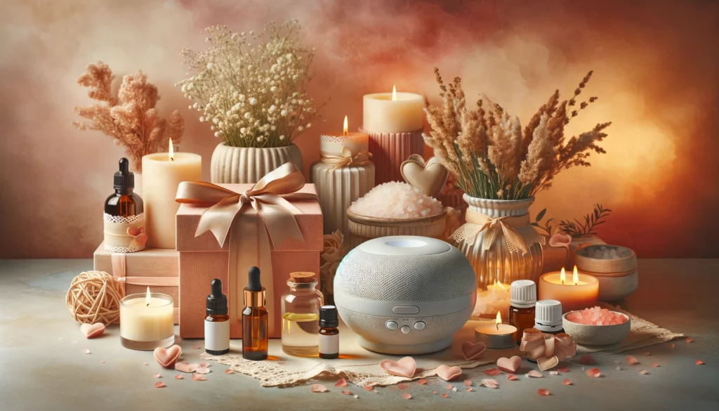 An image showcasing a variety of aromatherapy gift options for Valentine's Day. The image should include a beautifully arranged set of essential oils