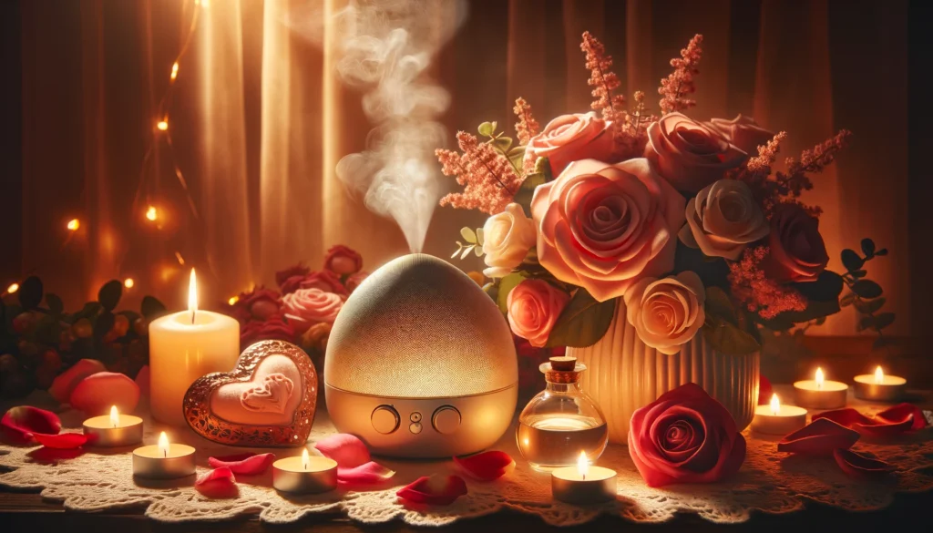 An image that captures the essence of Valentine's Day and the role of aromatherapy in enhancing the celebration. The image should be warm, romantic